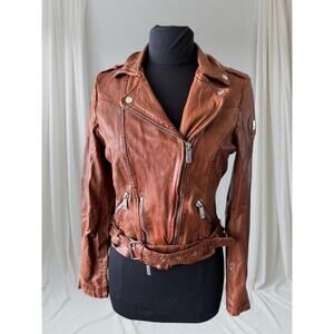 Women's Brown Leather Motorcycle Jacket, X-Small
